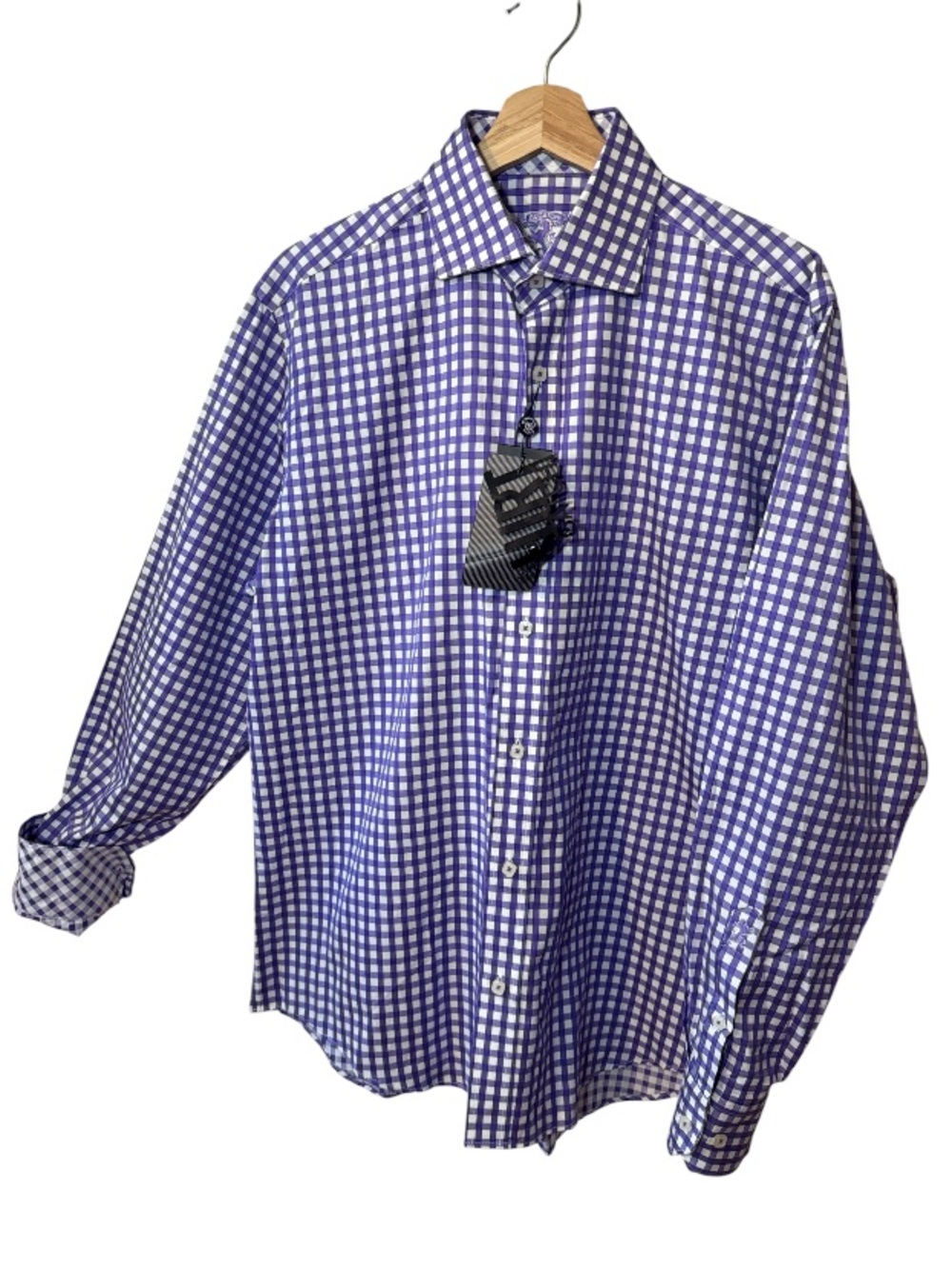 Bugatchi Lavender Purple and White Checked Classic Fit Dress Shirt Size Medium